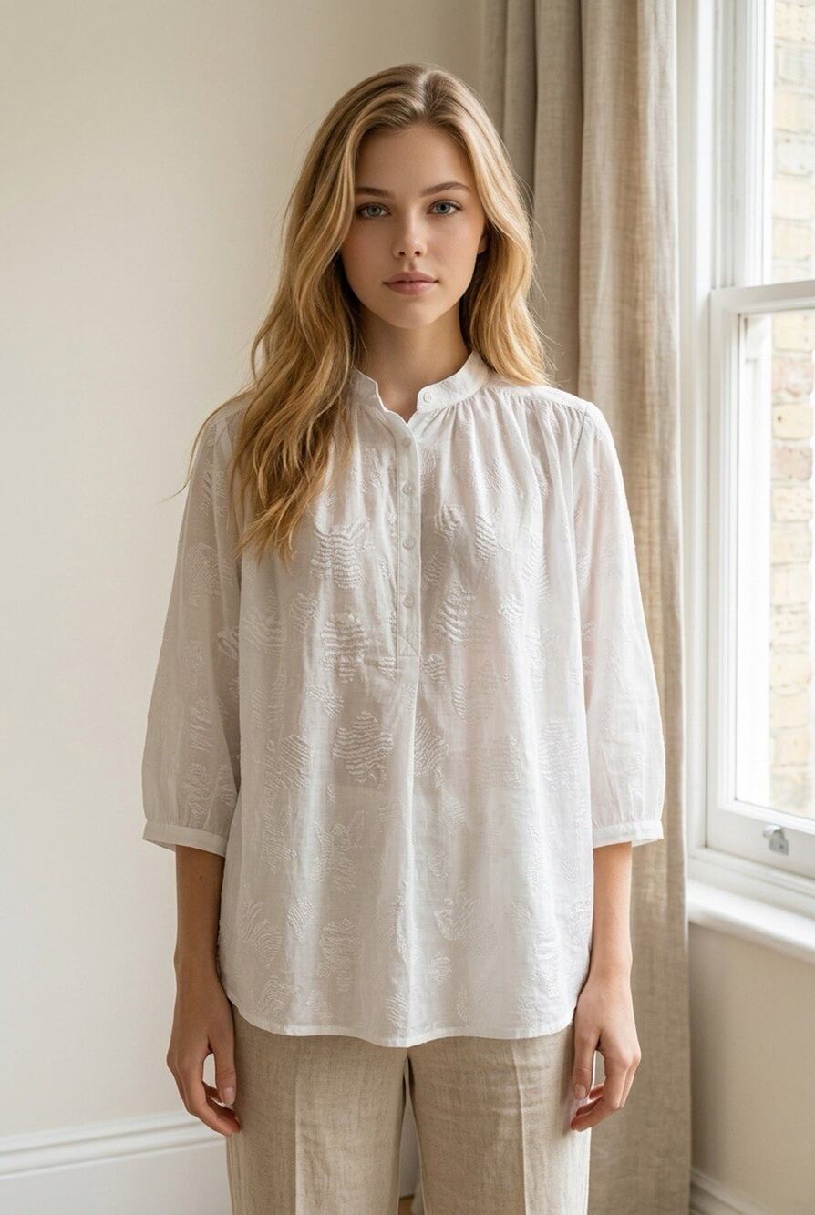Rebecca Minkoff White Textured Band Collar Tunic Blouse Top Womens Size Large